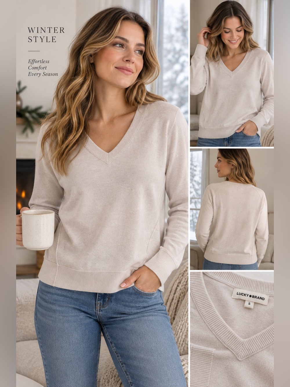 Lucky Brand Women's V-Neck Pullover Sweater in Light Beige size small